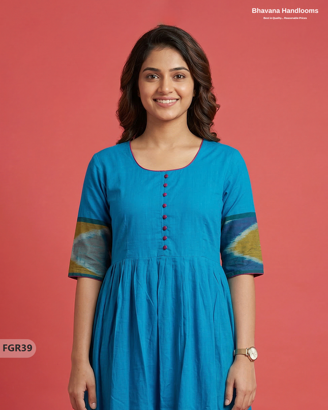 Summer Special Premium Cotton Handloom Frock with Woven Design | Blue Colour