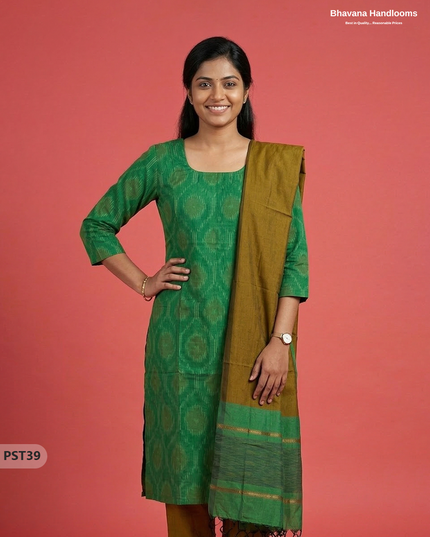 Pochampally Semi Pattu 3PC Kurti Set in Pink Colour | Ready-to-Wear Ethnic Wear
