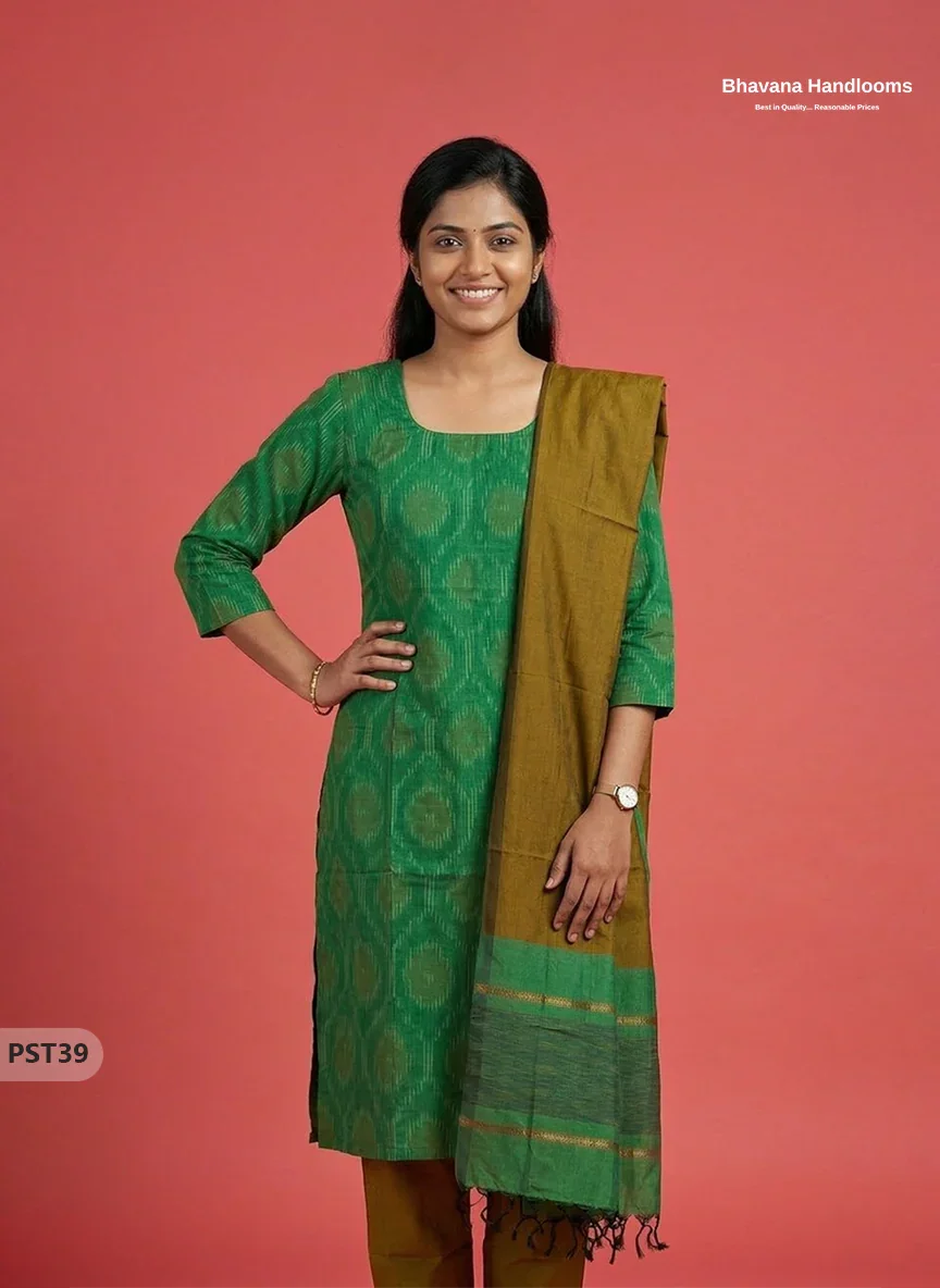 Pochampally Semi Pattu 3PC Kurti Set in Pink Colour | Ready-to-Wear Ethnic Wear