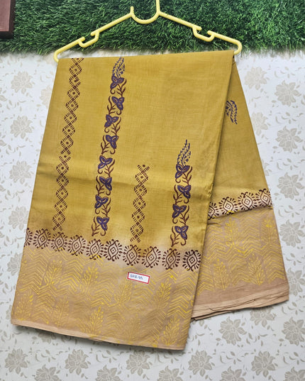Vasundhara 120count Printed Cotton Saree with Sampangi Yellow colour