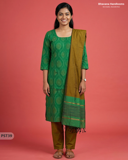 Pochampally Semi Pattu 3PC Kurti Set in Pink Colour | Ready-to-Wear Ethnic Wear
