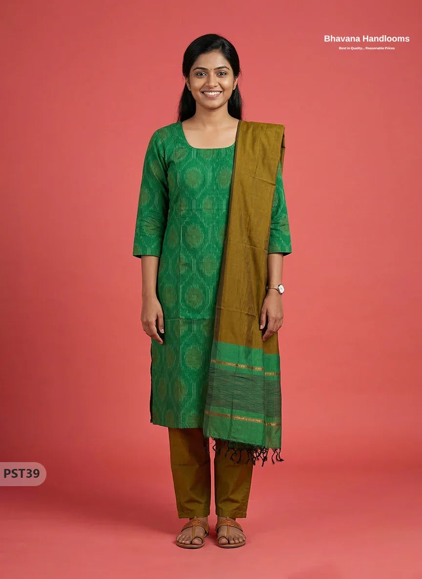 Pochampally Semi Pattu 3PC Kurti Set in Pink Colour | Ready-to-Wear Ethnic Wear