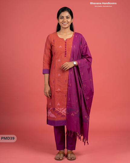 Mangalagiri Handloom Printed Cotton Suit Set with Potli Balls – Purple & Orange Double Weeven Colour