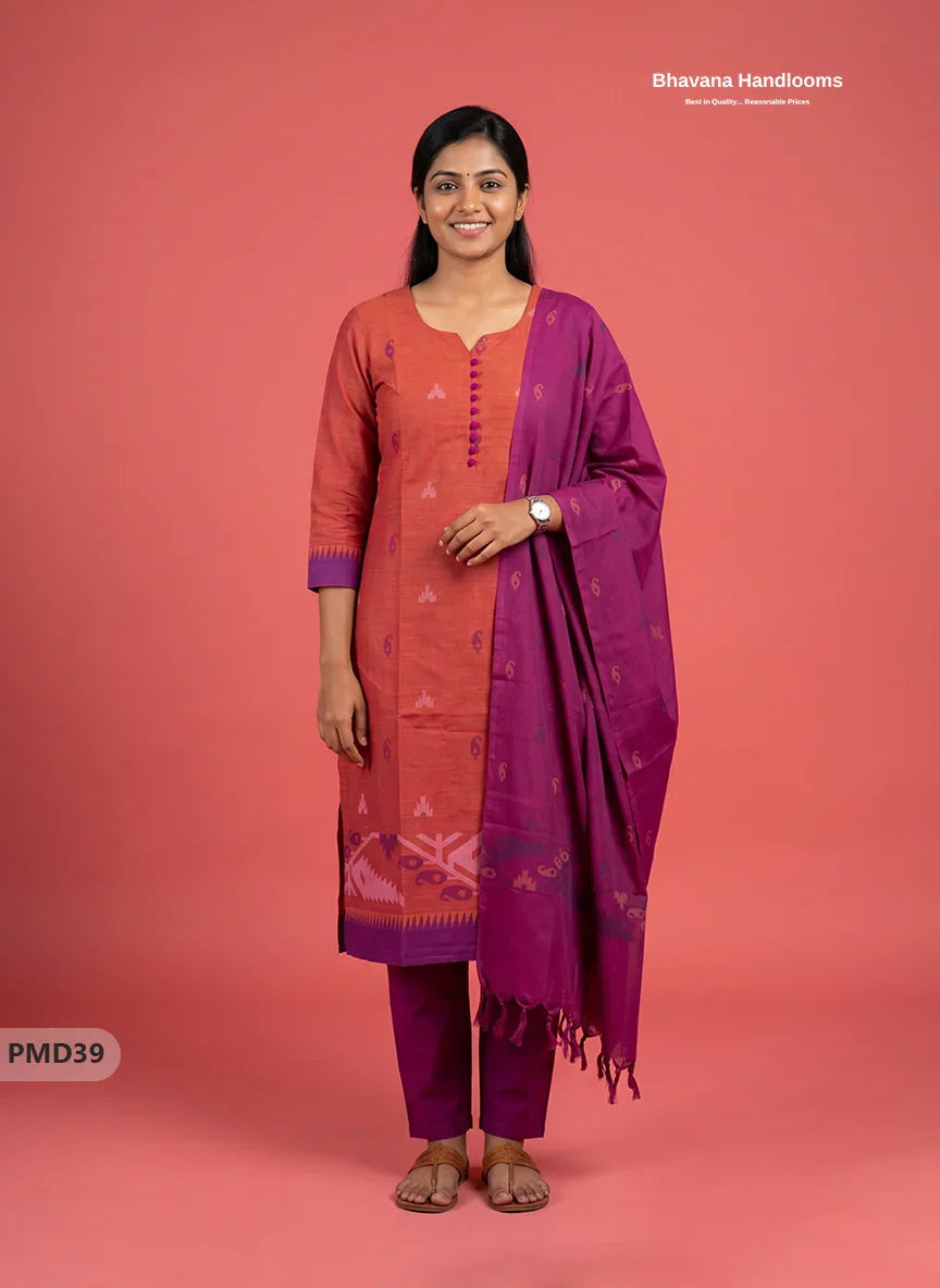 Mangalagiri Handloom Printed Cotton Suit Set with Potli Balls – Purple & Orange Double Weeven Colour