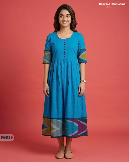 Summer Special Premium Cotton Handloom Frock with Woven Design | Blue Colour