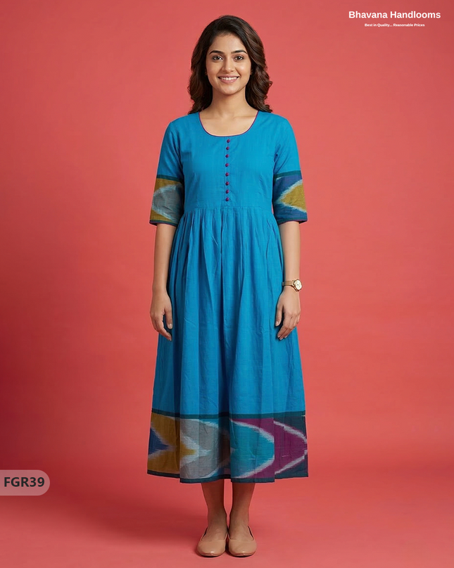 Summer Special Premium Cotton Handloom Frock with Woven Design | Blue Colour
