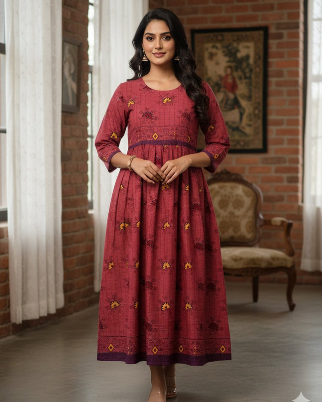 Pink Floral Printed Cotton Frock for Women – Casual Wear | Bhavana Handlooms