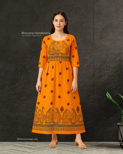 Gollabama Printed Cotton Frock for Women – Orange Ethnic Dress | Bhavana Handlooms