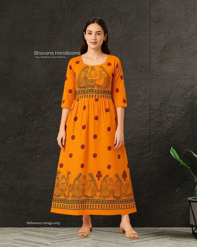 Gollabama Printed Cotton Frock for Women – Orange Ethnic Dress | Bhavana Handlooms