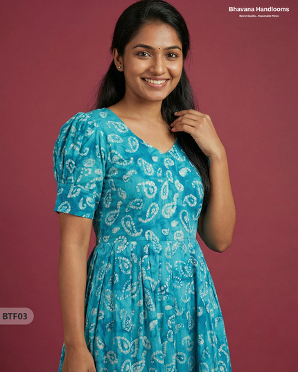 Handmade Batik Frock with Natural Dye – Potli Ball Neck Design Sky Blue Colour