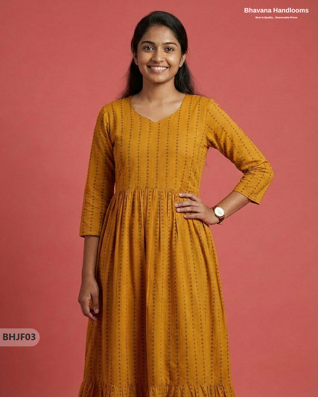 Premium Yellow Jacquard Woven Frock with Full Length Lining