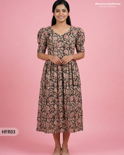 Feeding Frock with Handblock Design – Black Color | Invisible Zips | Half Lining Maternity Wear