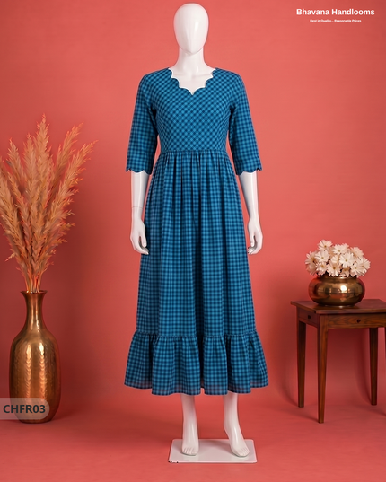 Handloom Cotton Frock in Teal Blue & Deep Navy Blue Checks with Stylish Neck Cut Work | Soft & Comfortable