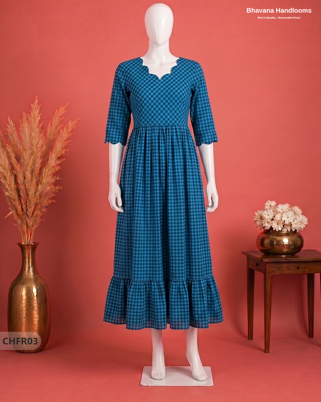 Handloom Cotton Frock in Teal Blue & Deep Navy Blue Checks with Stylish Neck Cut Work | Soft & Comfortable