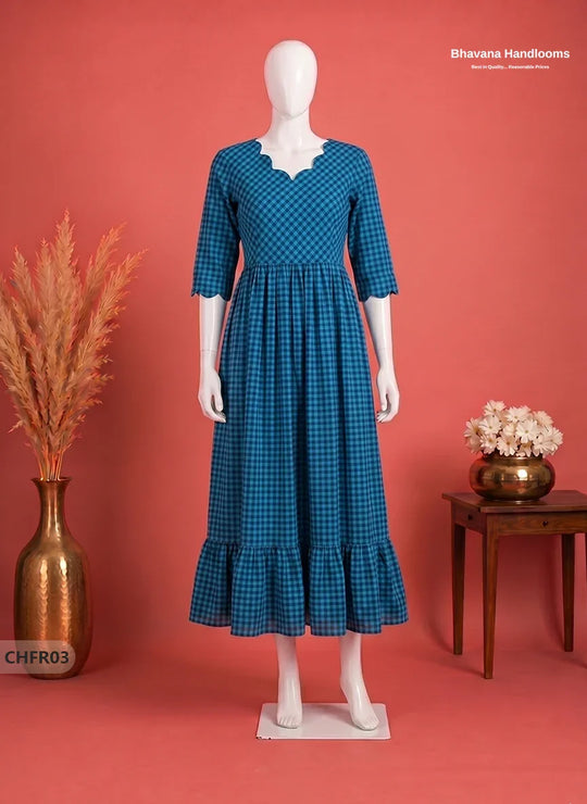 Mangalagiri Cotton Frock in Teal Blue & Deep Navy Blue Checks with Stylish Neck Cut Work | Soft & Comfortable