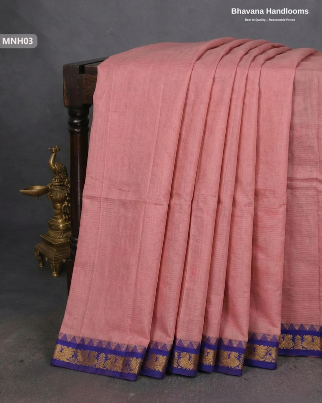 Mini Gadwal Cotton Saree in Light Pink with Small Zari Border | Without Blouse