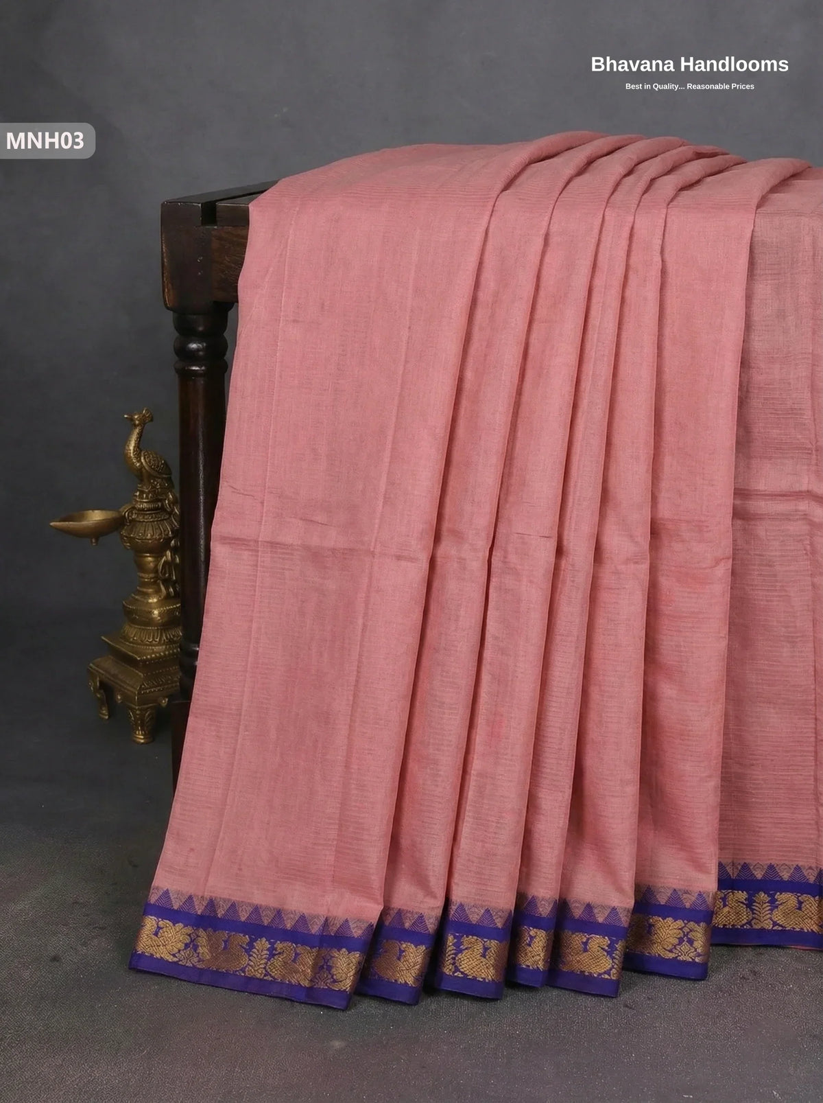 Mini Gadwal Cotton Saree in Light Pink with Small Zari Border | Without Blouse