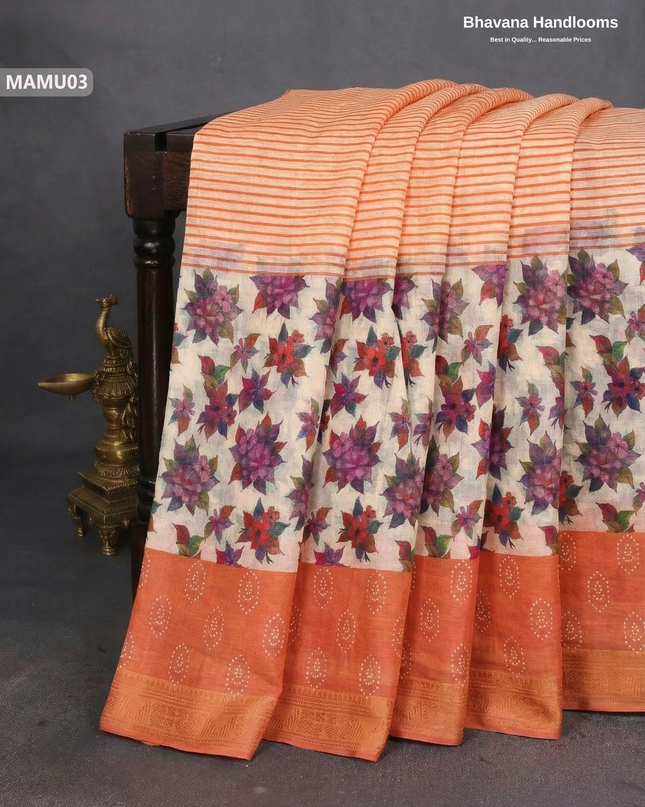 Soft Mul Cotton Orange Digital Print Saree | Lightweight & Comfortable