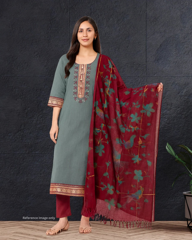 Mangalagiri Cotton Kurti Set Ash Gray – Straight Cut Style, Elbow Length Sleeves
