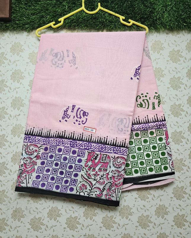 Vasundhara 120count Printed Cotton Saree with Pastal Pink colour