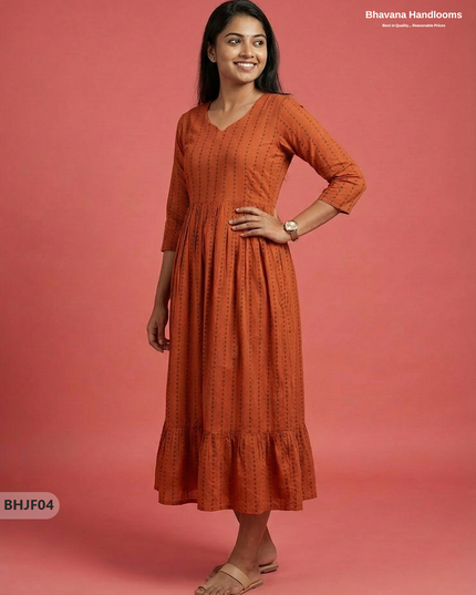 Premium Orange Jacquard Woven Frock with Full Length Lining