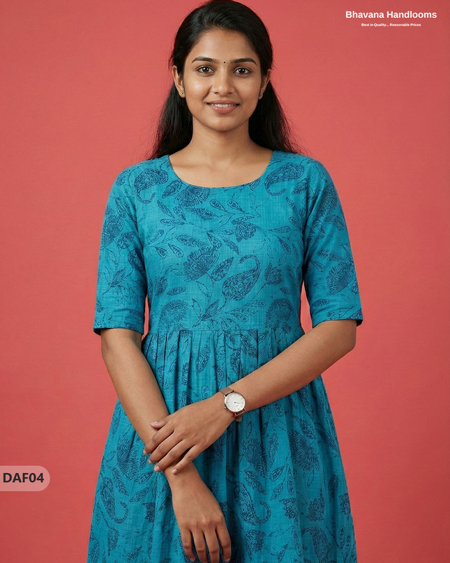 Comfortable Daily Wear Cotton Frock – Sea Blue Colour | Half Lining