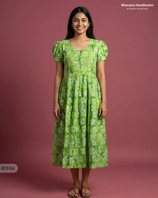 Handmade Batik Frock with Natural Dye – Potli Ball Neck Design Parrot Green Colour