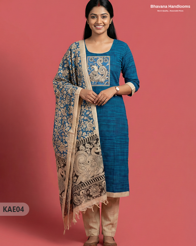 Readymade Kalamkari Cotton Kurti Set in Sea Blue Colour | Elegant Ethnic Wear