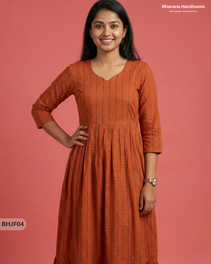 Premium Orange Jacquard Woven Frock with Full Length Lining