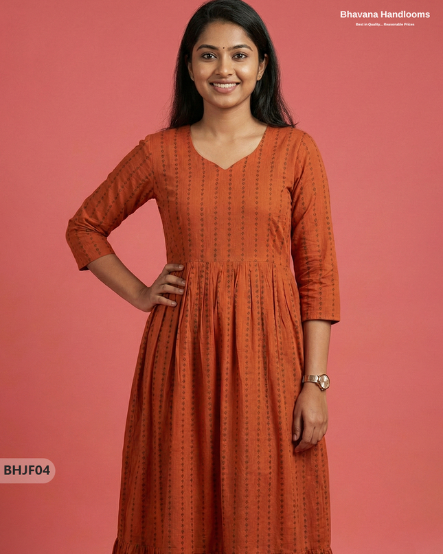 Premium Orange Jacquard Woven Frock with Full Length Lining