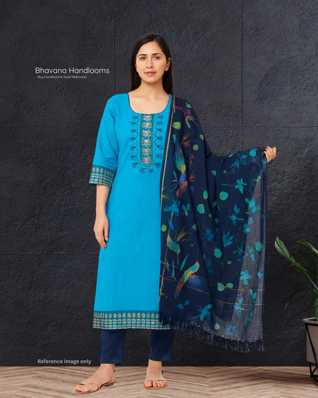 Mangalagiri Cotton Kurti Set Sky Blue – Straight Cut Style, Elbow Length Sleeves