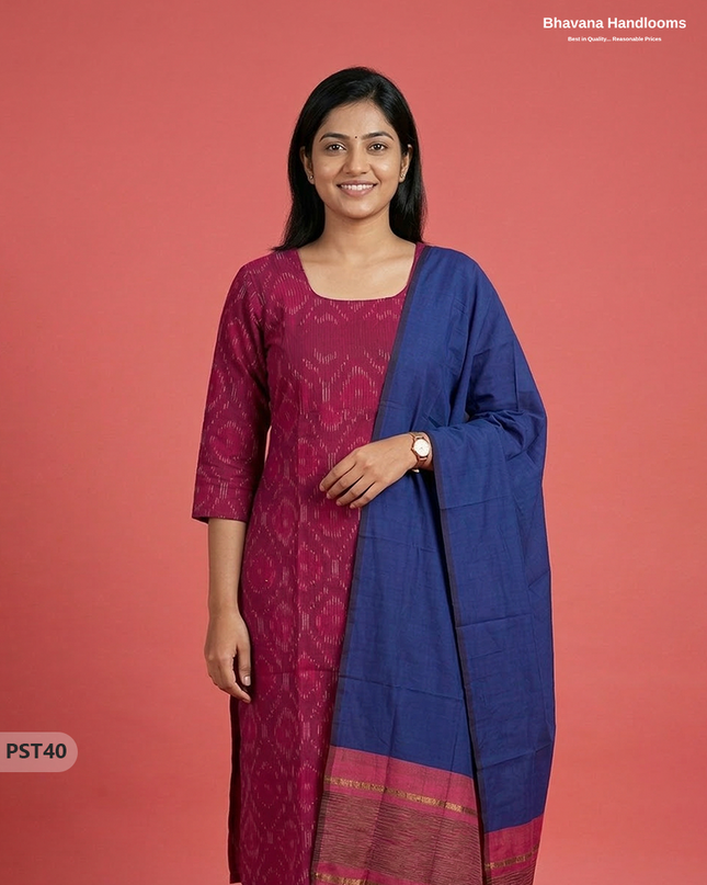 Pochampally Semi Pattu 3PC Kurti Set in Pink Colour | Ready-to-Wear Ethnic Wear
