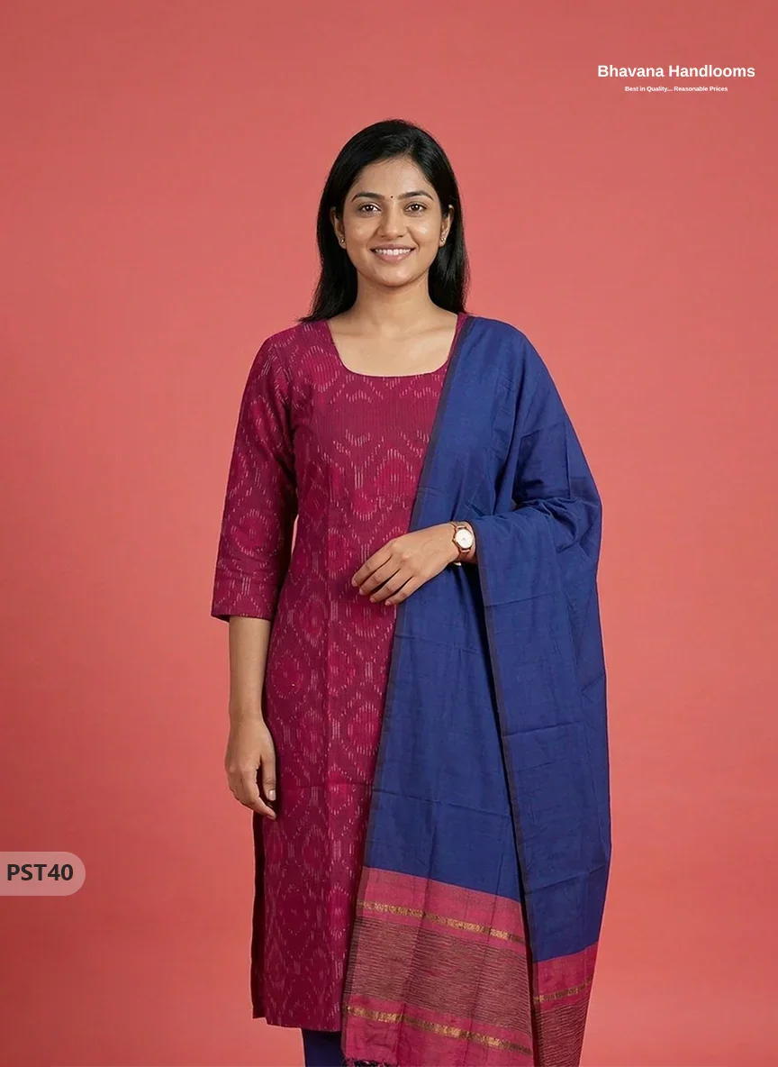 Pochampally Semi Pattu 3PC Kurti Set in Pink Colour | Ready-to-Wear Ethnic Wear
