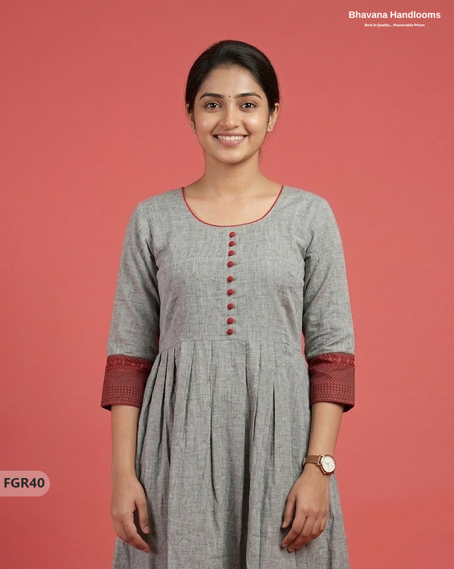 Summer Special Premium Cotton Handloom Frock with Woven Design | Gray Colour