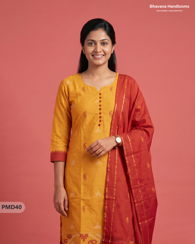 Mangalagiri Handloom Printed Cotton Suit Set with Potli Balls - Yellow Colour