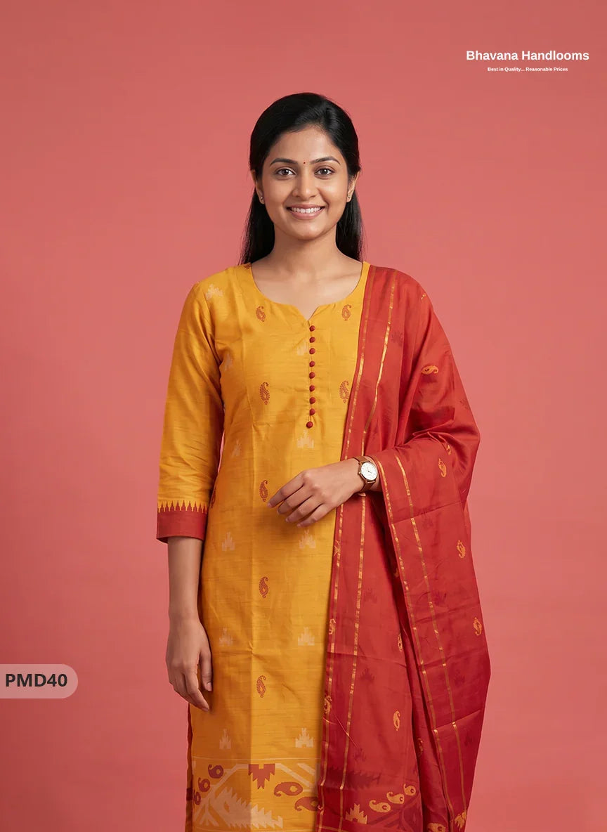 Mangalagiri Handloom Printed Cotton Suit Set with Potli Balls - Yellow Colour