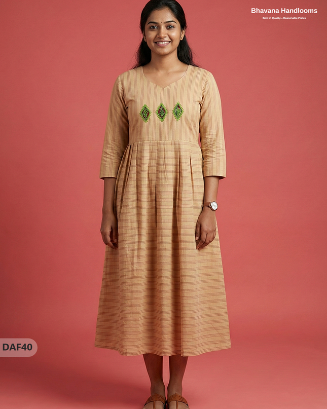Comfortable Daily Wear Cotton Frock – Light Brown Colour | Half Lining