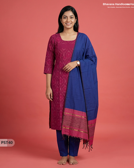 Pochampally Semi Pattu 3PC Kurti Set in Pink Colour | Ready-to-Wear Ethnic Wear