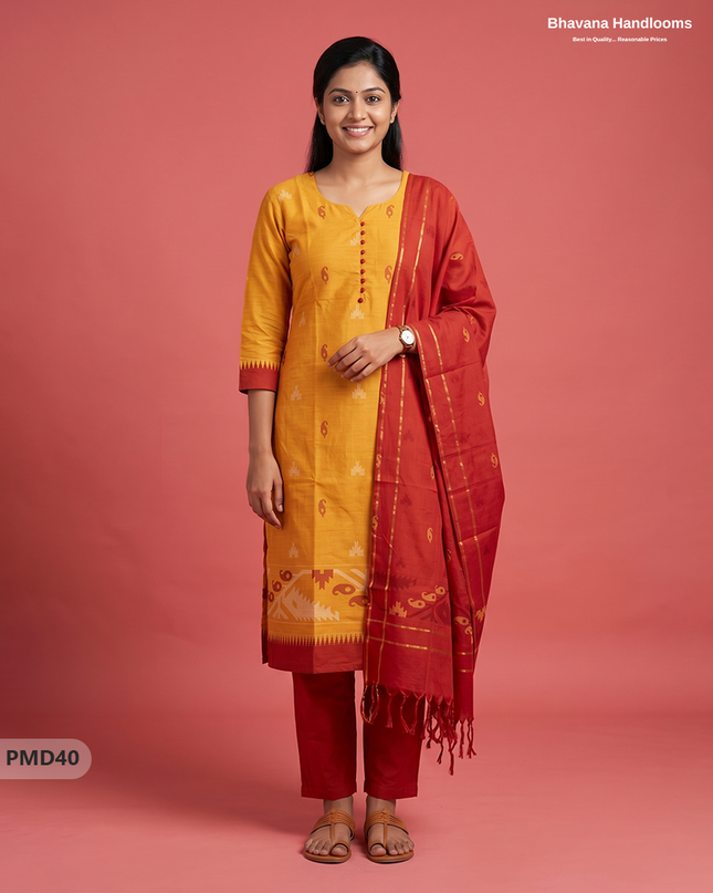 Mangalagiri Handloom Printed Cotton Suit Set with Potli Balls - Yellow Colour