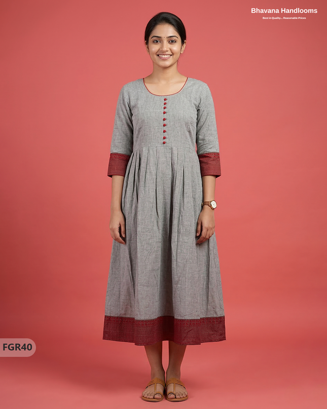Summer Special Premium Cotton Handloom Frock with Woven Design | Gray Colour