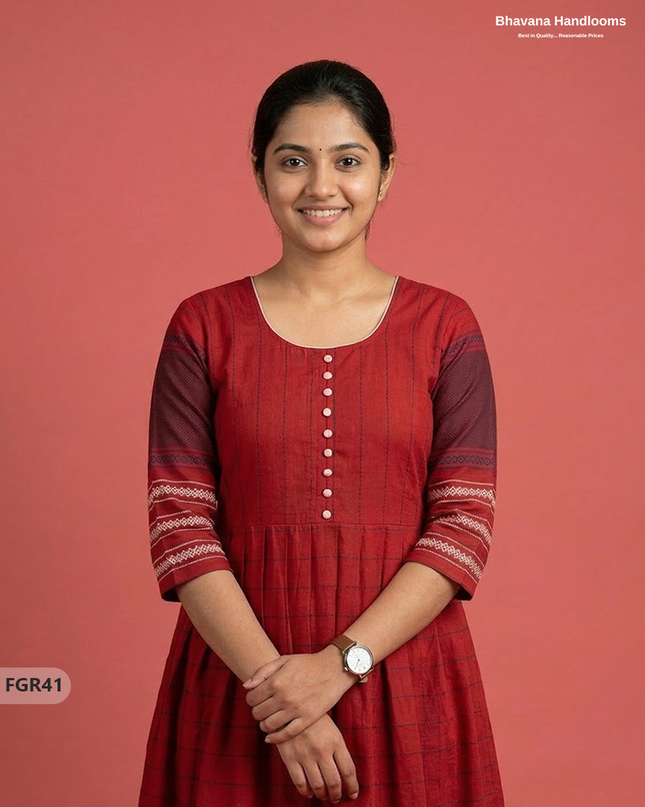 Summer Special Premium Cotton Handloom Frock with Woven Design | Red Colour