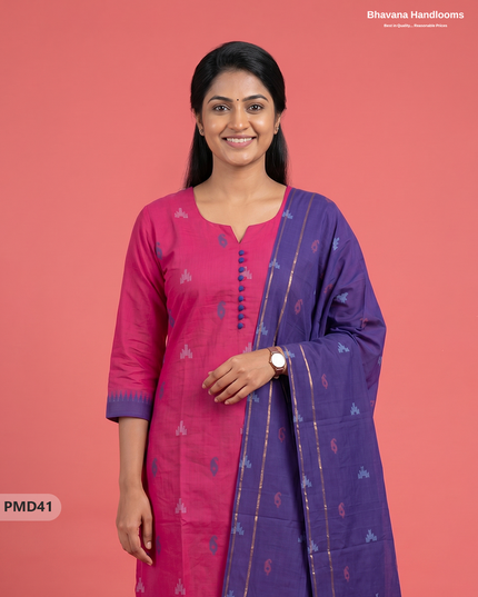Mangalagiri  Handloom Printed Cotton Suit Set with Potli Balls – Pink Colour
