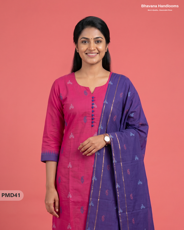 Mangalagiri  Handloom Printed Cotton Suit Set with Potli Balls – Pink Colour