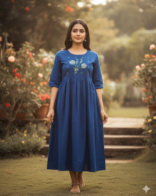 Cotton Plain Long Frock with Dusk Blue Colour