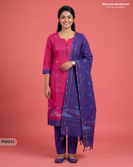 Mangalagiri  Handloom Printed Cotton Suit Set with Potli Balls – Pink Colour