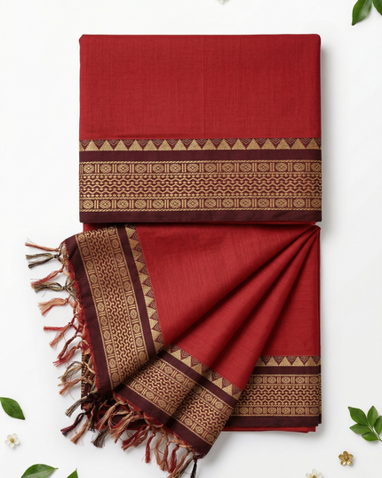 Traditional wear Narayanpet Mercerised cotton dress material with Red colour