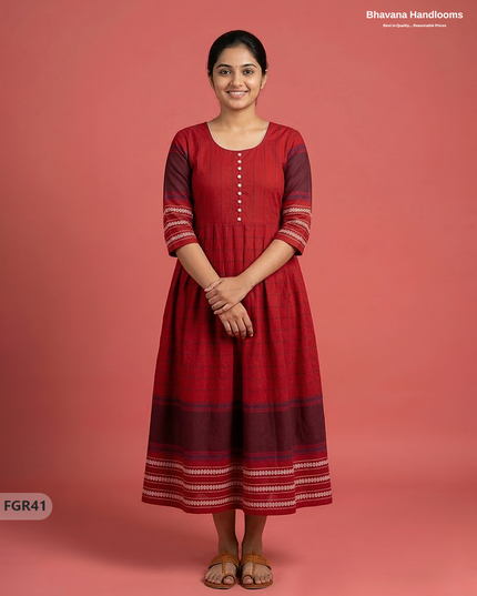 Summer Special Premium Cotton Handloom Frock with Woven Design | Red Colour