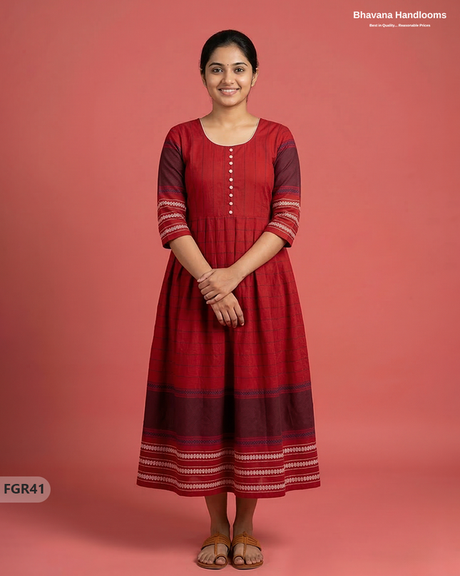 Summer Special Premium Cotton Handloom Frock with Woven Design | Red Colour