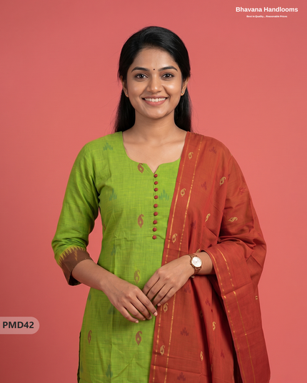 Mangalagiri Handloom Printed Cotton Suit Set with Potli Balls - Parrot Green Colour