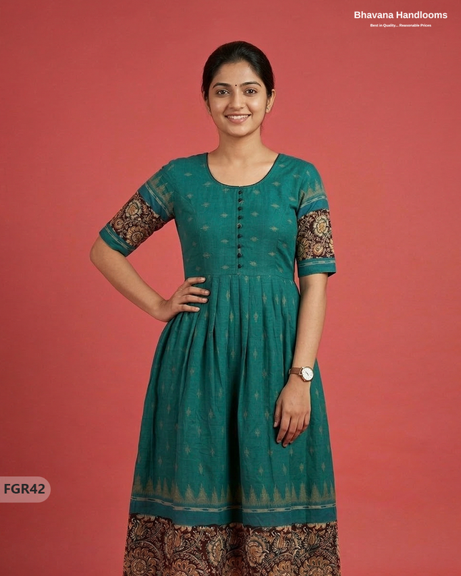 Summer Special Premium Cotton Handloom Frock with Woven Design | Sea Green Colour